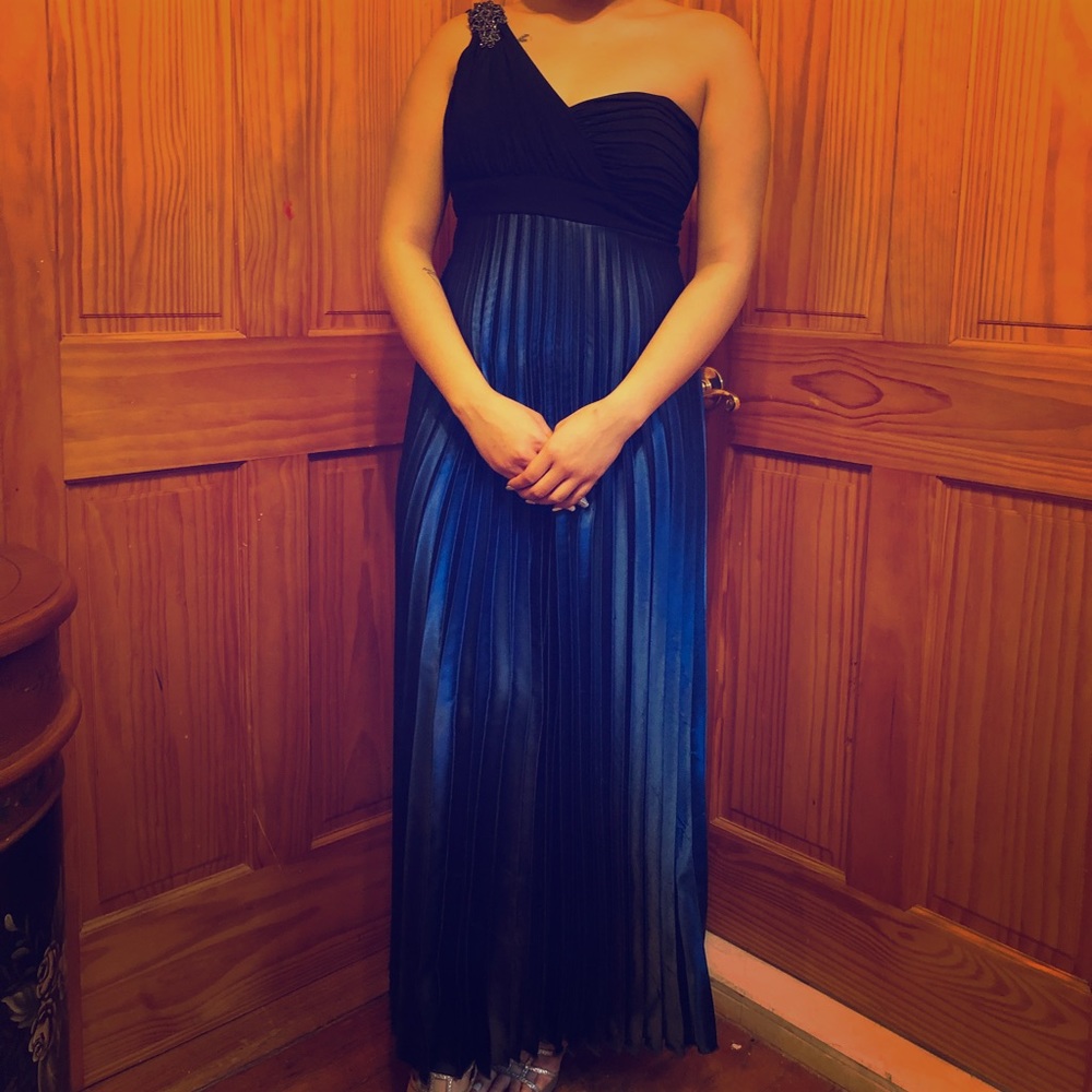 One-shoulder, pleated, Navy Blue Dress